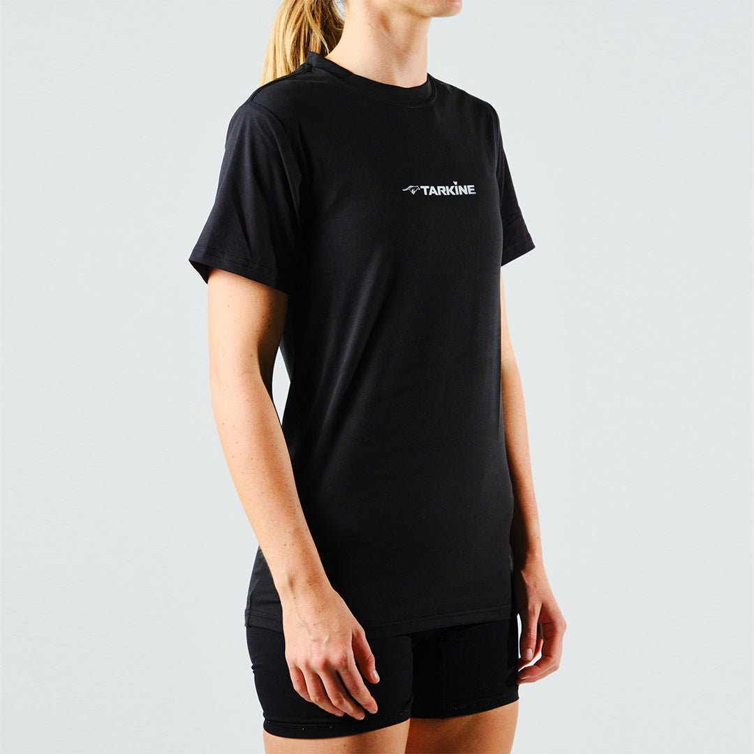 Eco-Friendly Women's Running Shirts: Tarkine Ultra-Eco Tee in Tassie Devil Black - Premium  from TARKINE SPORT - Just $60! Shop now at TARKINE ATHLETICS